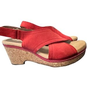 Clarks‎ Collection Red Suede Wedge Slingback Sandals Women US 7.5 UK 5.5